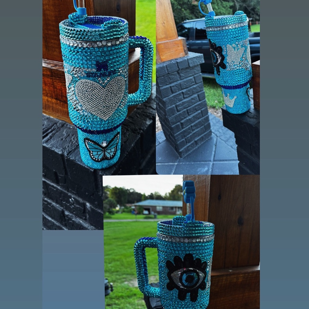 Stanley Blue Beaded Tumbler with Heart and Eye Design